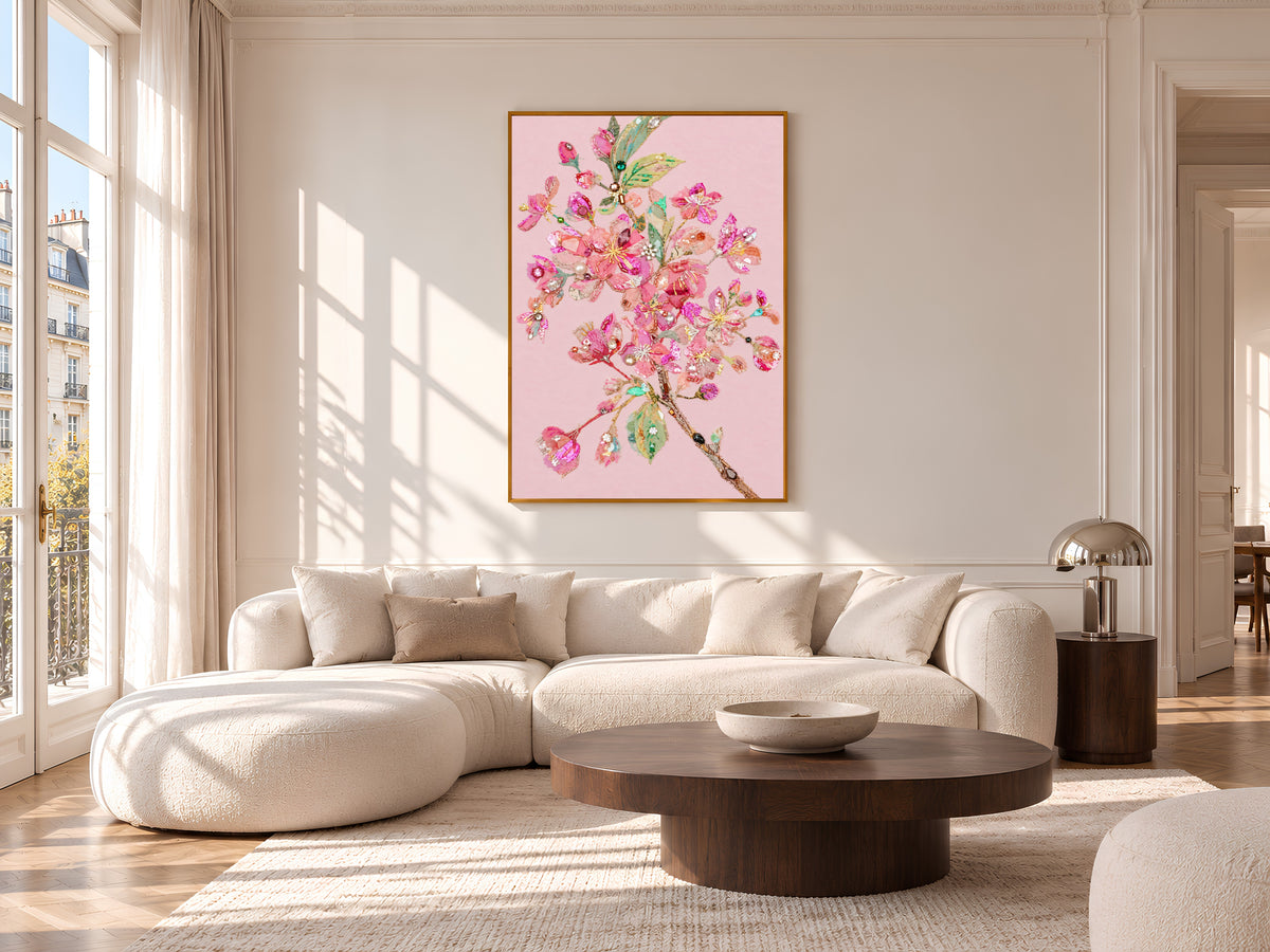 Pink Cherry Blossom Wall Art Print, Embroidery Style Floral Collage with Pearls and Sequins, Printable Coquette Decor, Digital Download