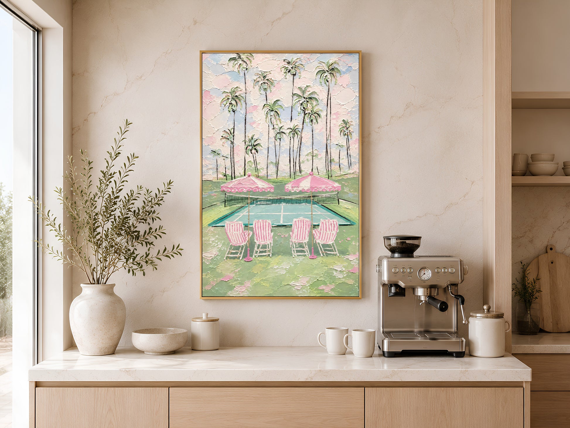 Pink palm tree tennis court impasto print in a gold frame above a light wood kitchen counter with a coffee station, round white vases, and neutral cabinetry
