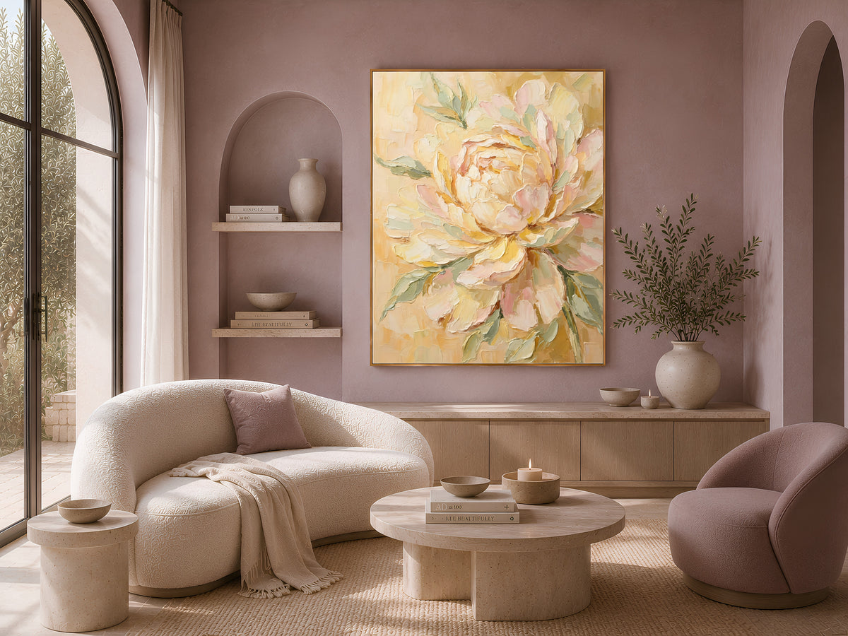 Butter Yellow Peony Wall Art, Blush Pink Impasto Floral Print - Digital Download