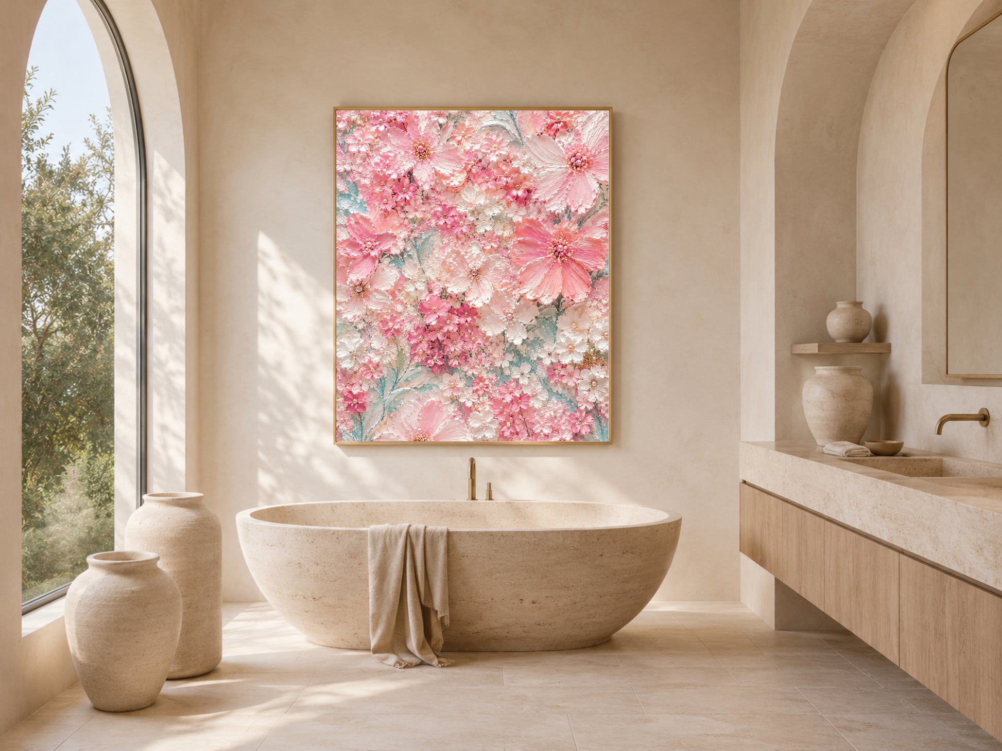 Light pink blossom wall art hanging in a spa-style bathroom with freestanding tub
