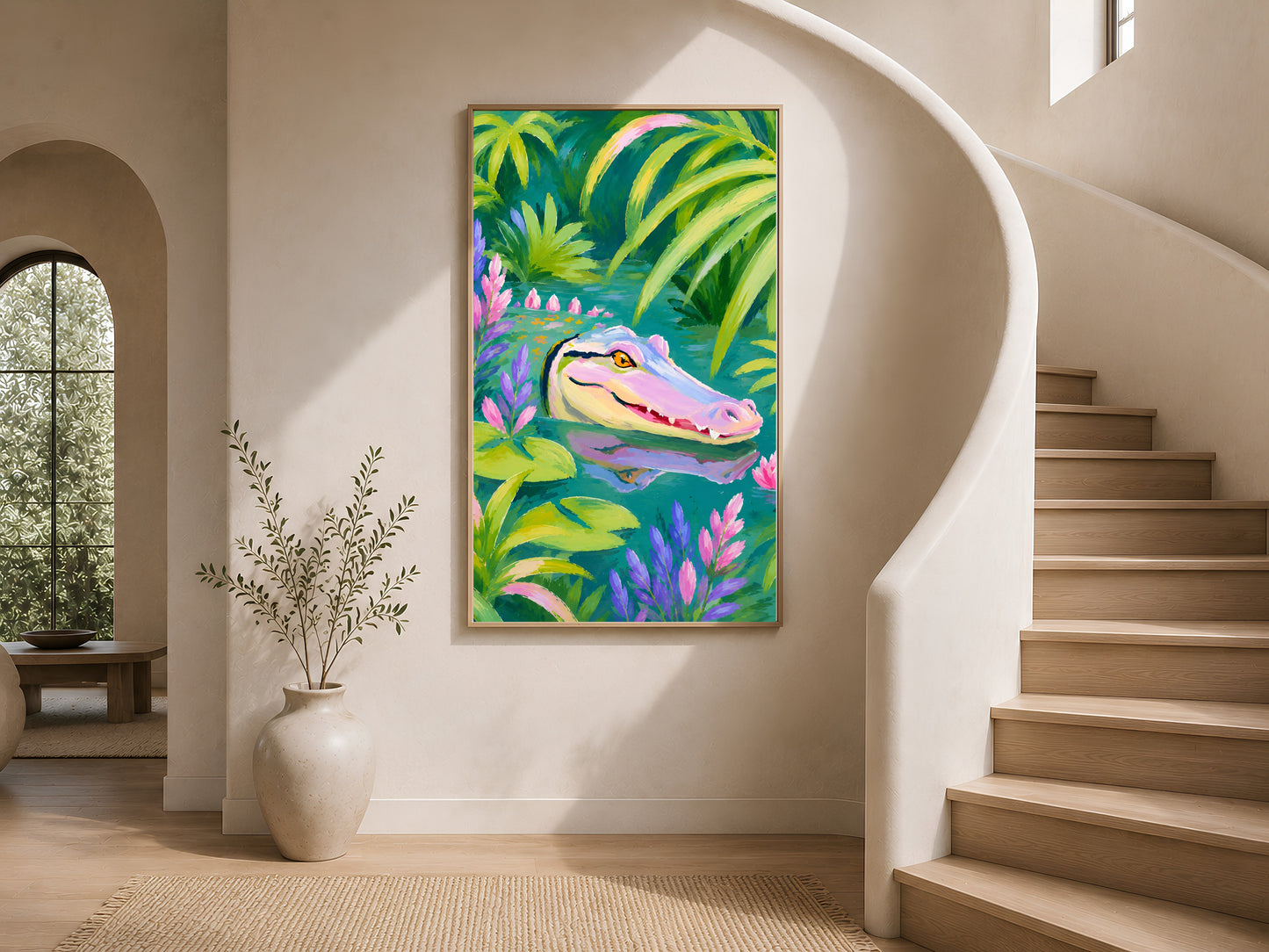Colorful alligator wall art in a gold frame on a curved staircase wall with warm white plaster finish and arched window
