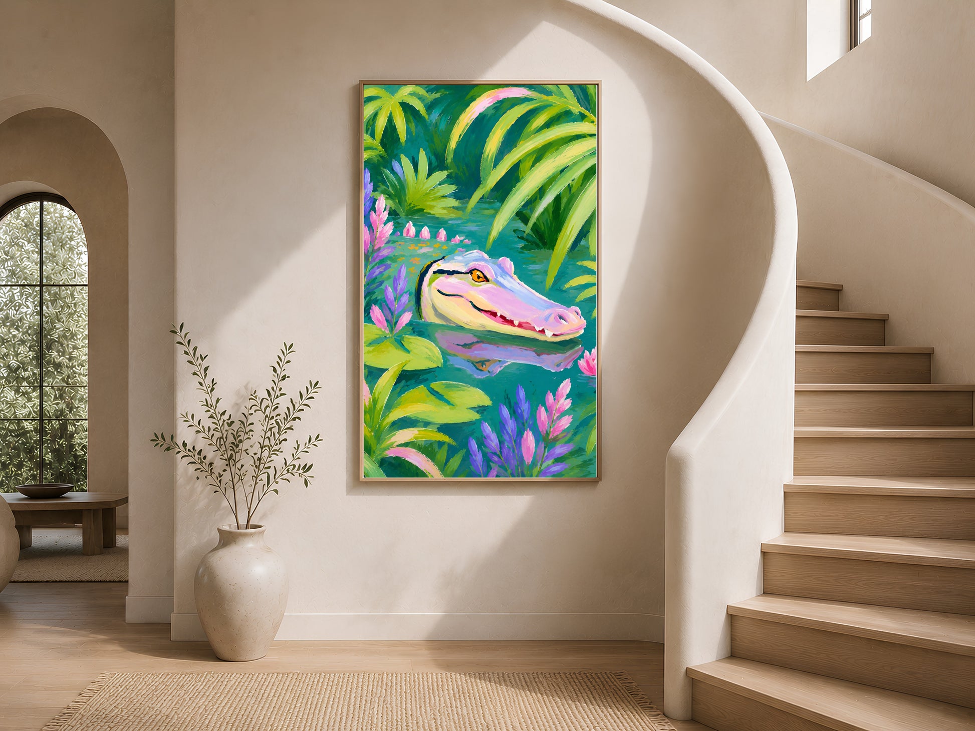 Colorful alligator wall art in a gold frame on a curved staircase wall with warm white plaster finish and arched window
