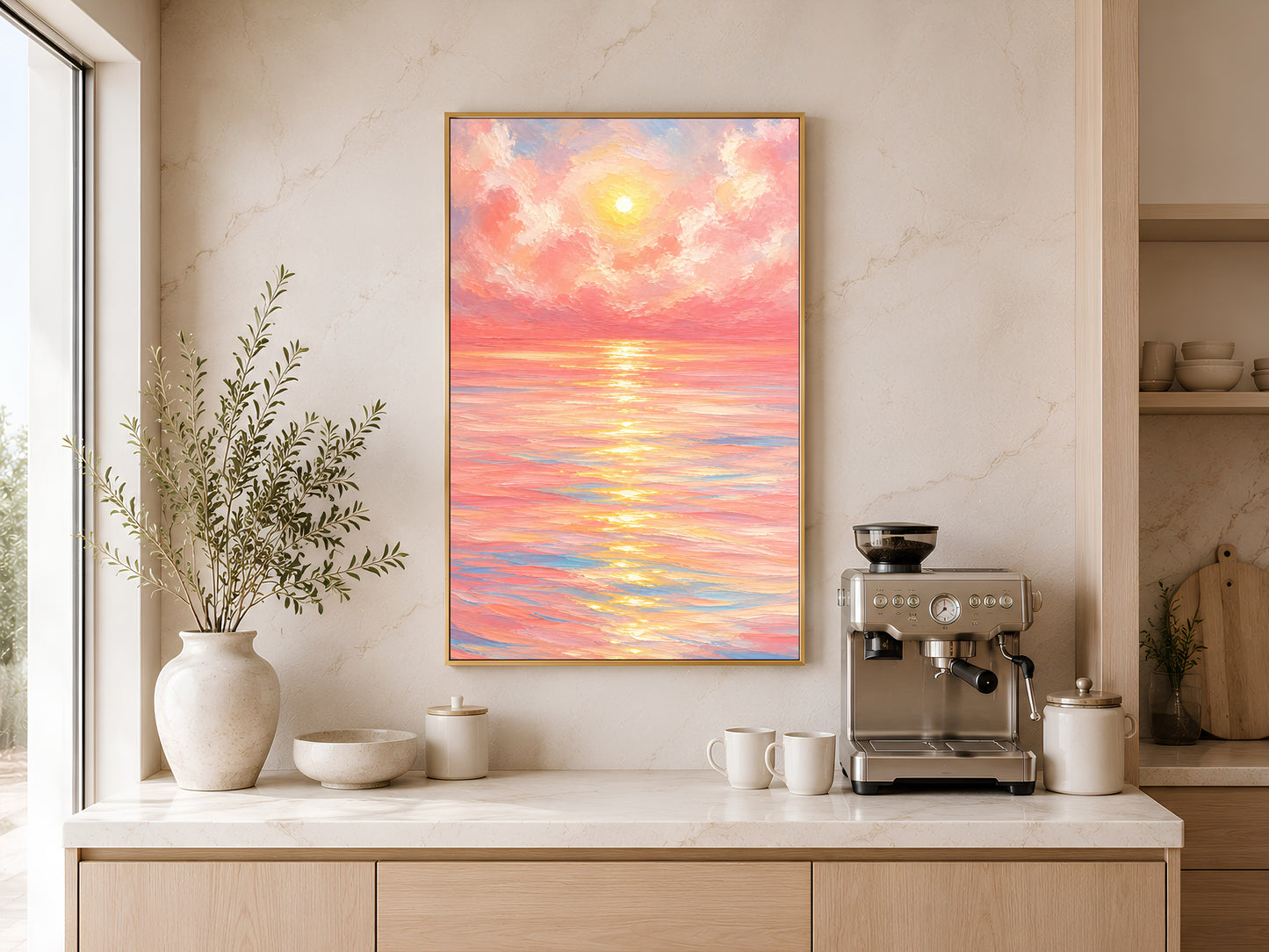 Framed impasto pink sunset ocean print on warm white wall above console table with coffee maker in minimal kitchen
