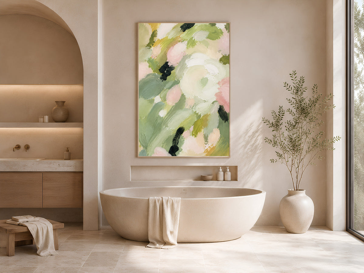 Sage Green Abstract Floral Painting, Blush Pink Botanical Wall Art - Digital Download