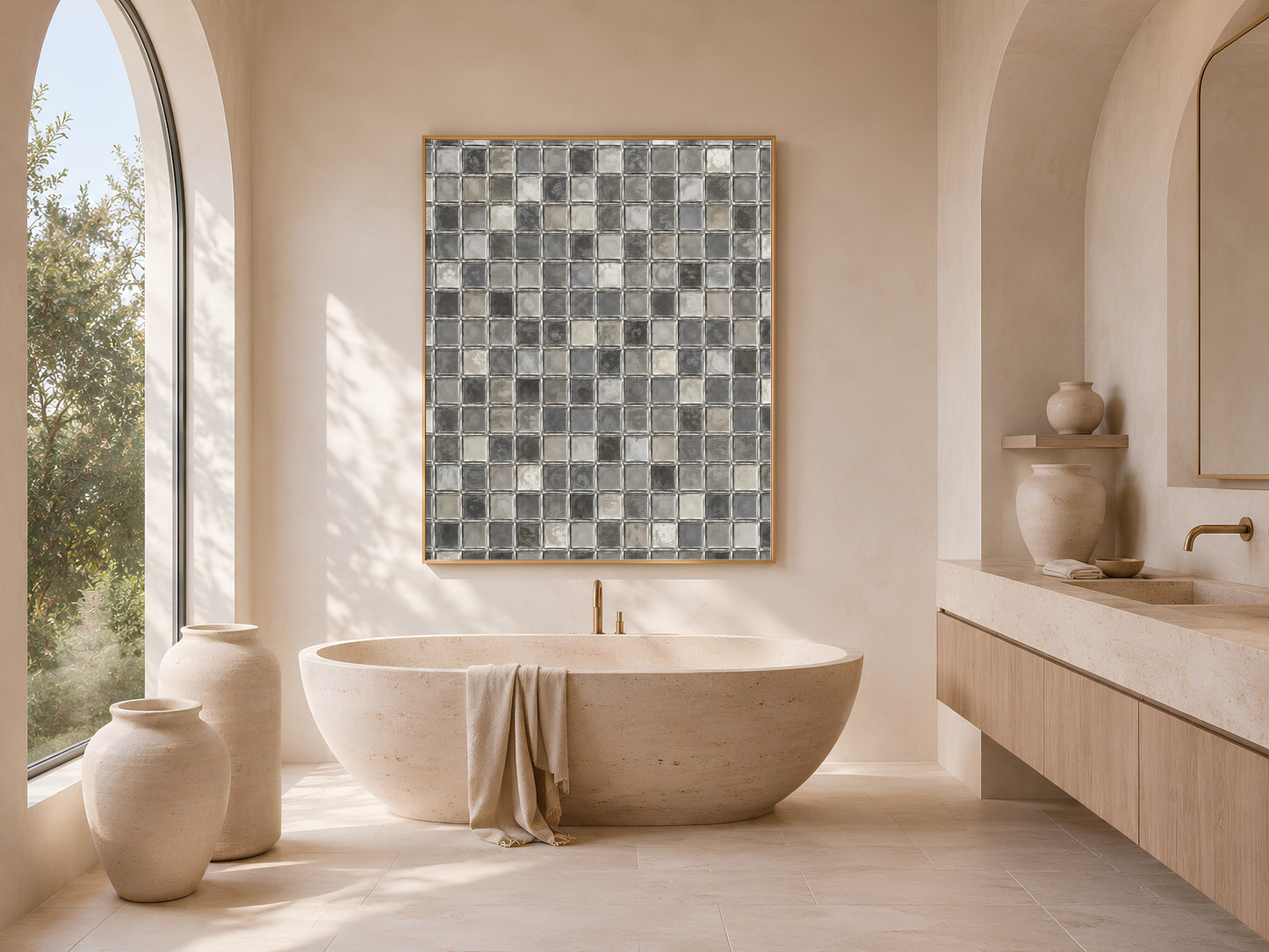 Grey mosaic wall art framed above a freestanding bathtub in a warm neutral bathroom with arched window
