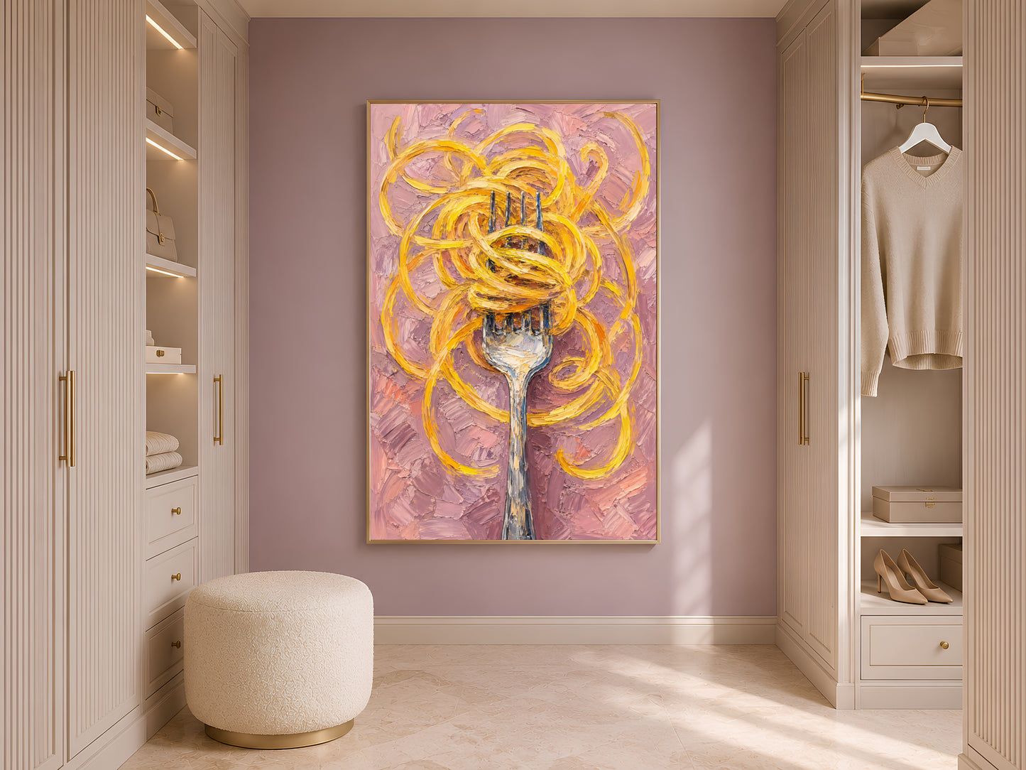 Spaghetti fork impasto print in a wood frame displayed in a bright walk-in closet or dressing room with a dusty mauve accent wall and warm neutral tones
