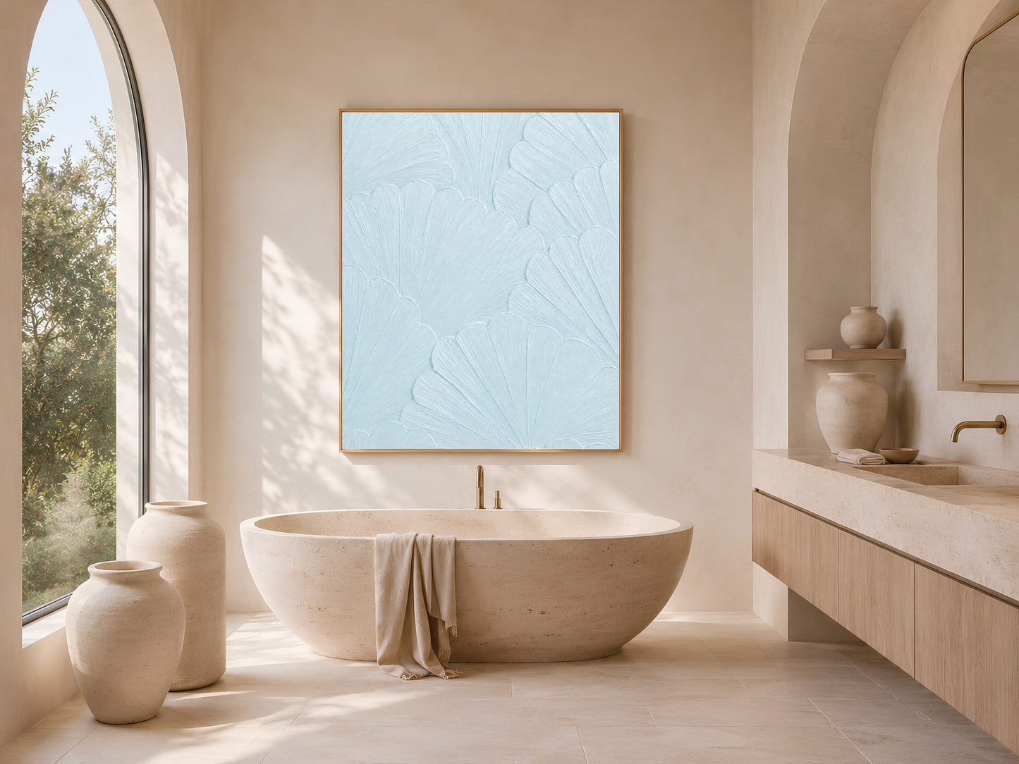 Powder blue mosaic print in a sunlit arched bathroom with a freestanding tub

