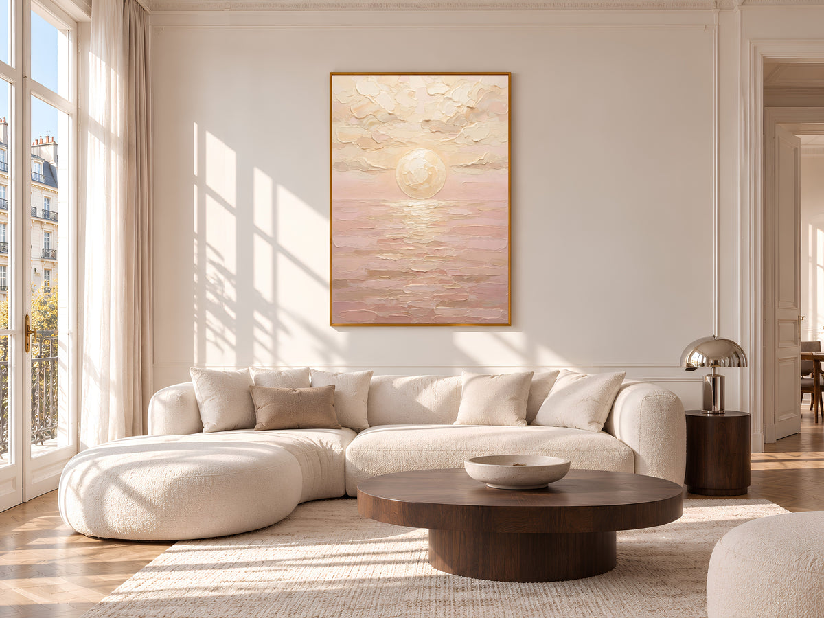 Neutral Blush Sunset Painting Print, Minimalist Cream Seascape, Soft Abstract Sea Wall Art, Printable Digital Download