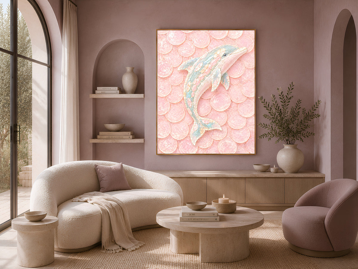 Pink Dolphin Mosaic Wall Art, Pastel Capiz Shell Print - Digital Download