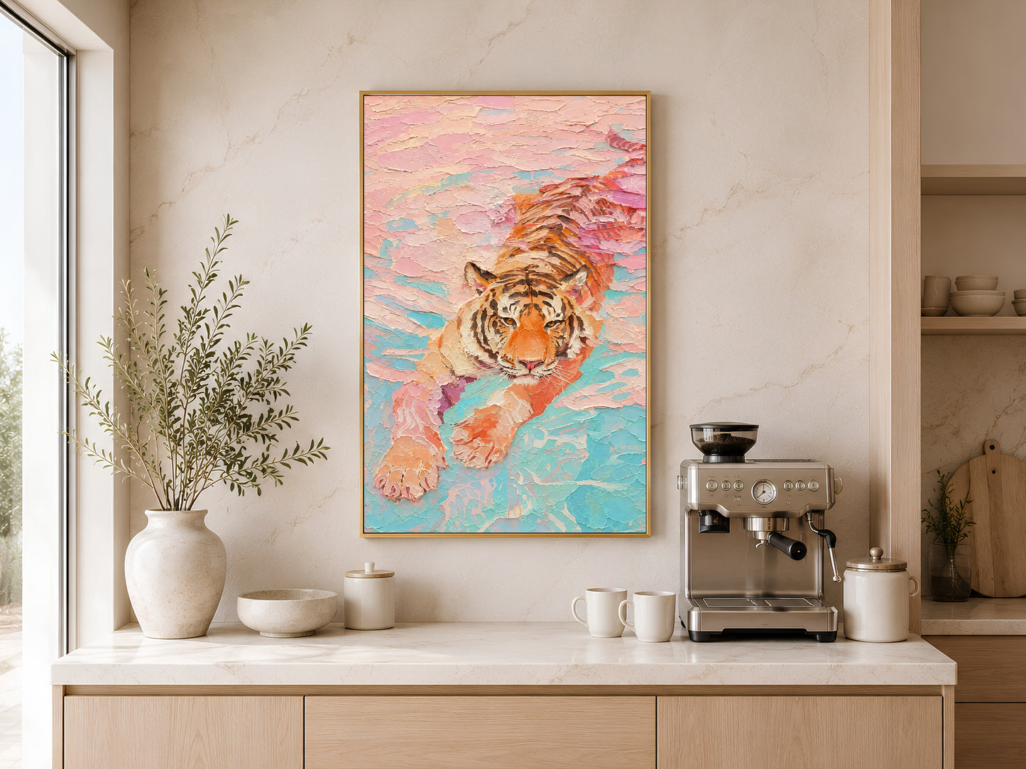 Framed pastel tiger wall art displayed above a wooden sideboard with ceramic vase in a neutral beige dining or living space
