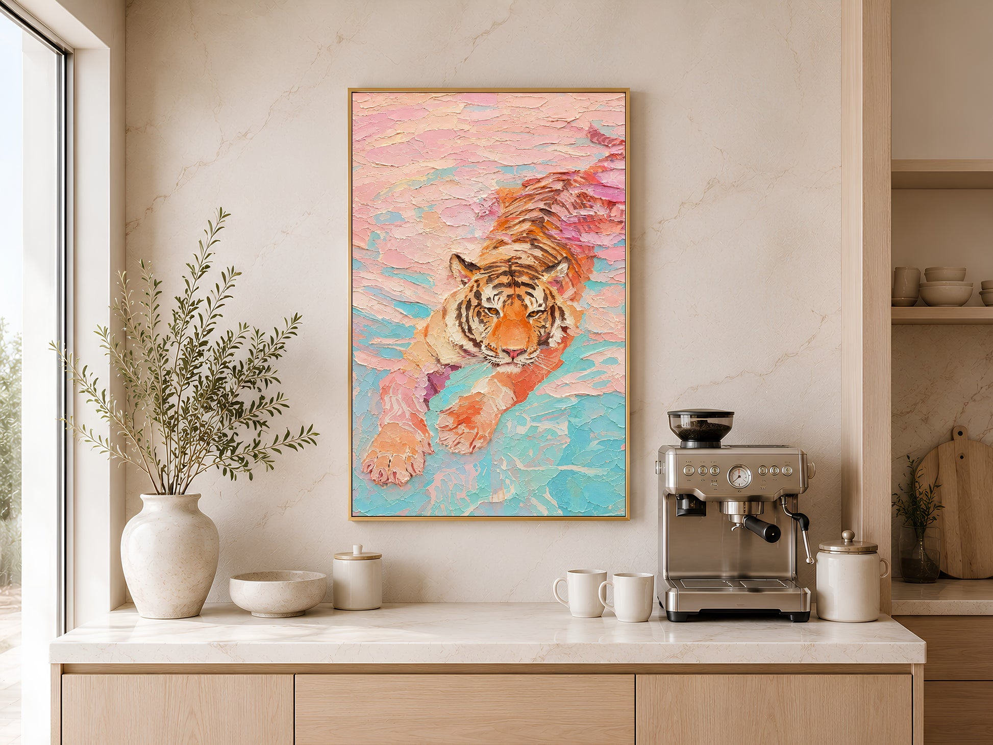 Framed pastel tiger wall art displayed above a wooden sideboard with ceramic vase in a neutral beige dining or living space
