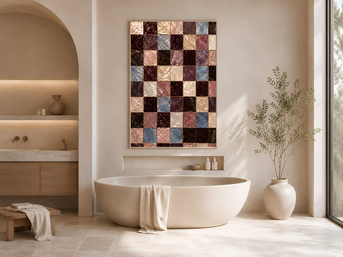 Dark academia tile print framed above an oval soaking tub in a neutral arched bathroom