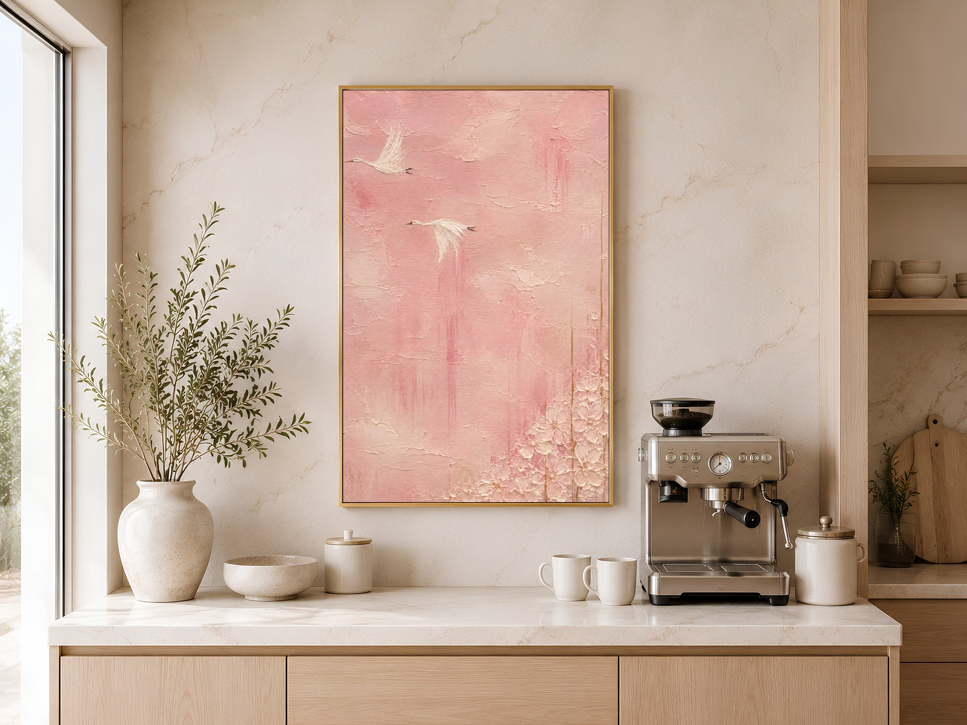 Chinoiserie crane wall art print above kitchen counter with coffee station, pink impasto bird painting digital download
