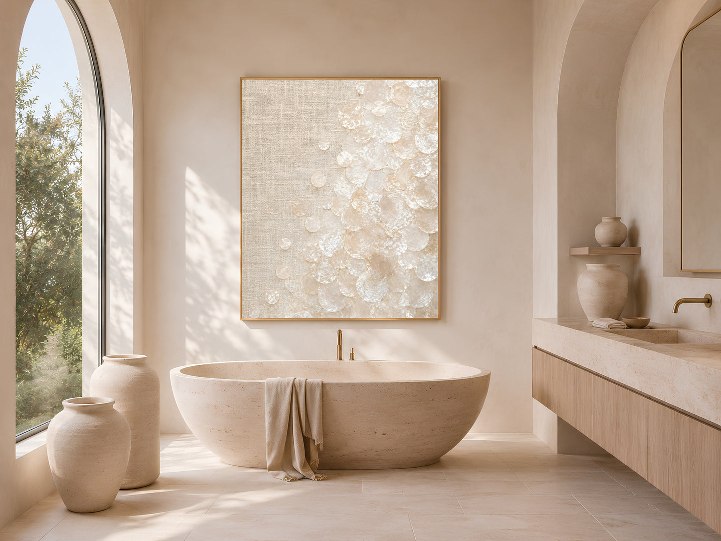 Framed capiz shell linen texture print above a vanity in a sunlit bathroom with soaking tub
