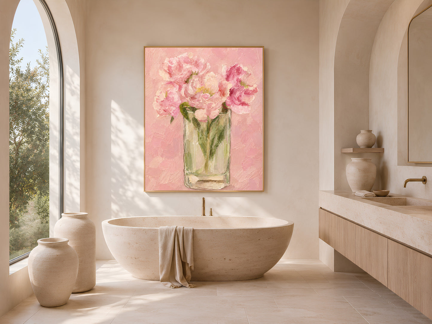 Peony vase print in gold frame above a freestanding bathtub in a spa-style bathroom

