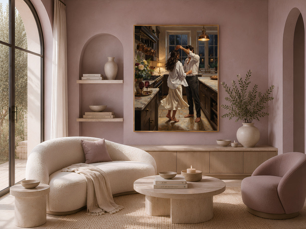 Couple Dancing Kitchen Painting, Romantic Rainy Night Wall Art - Digital Download