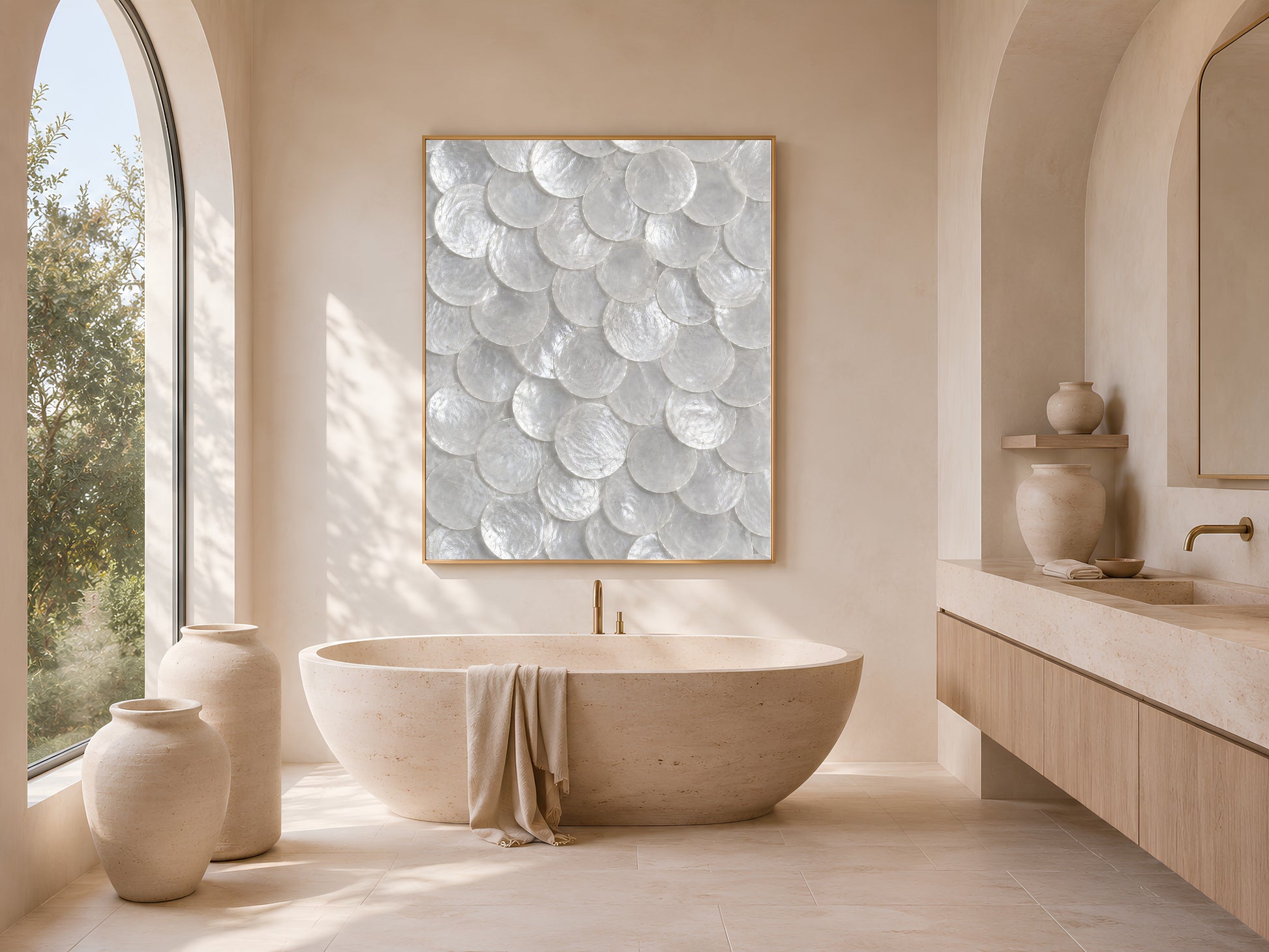 White capiz shell print in a gold frame hung above a freestanding tub in a warm-toned bathroom.
