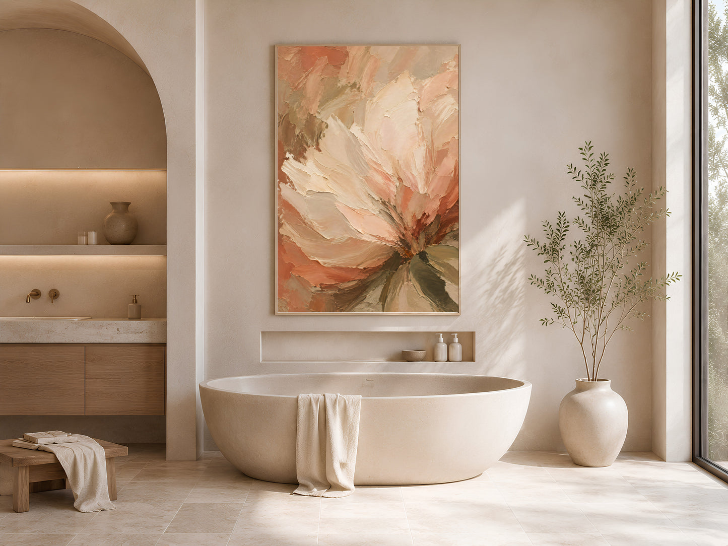 Terracotta peony art print framed above a freestanding tub in a warm neutral bathroom