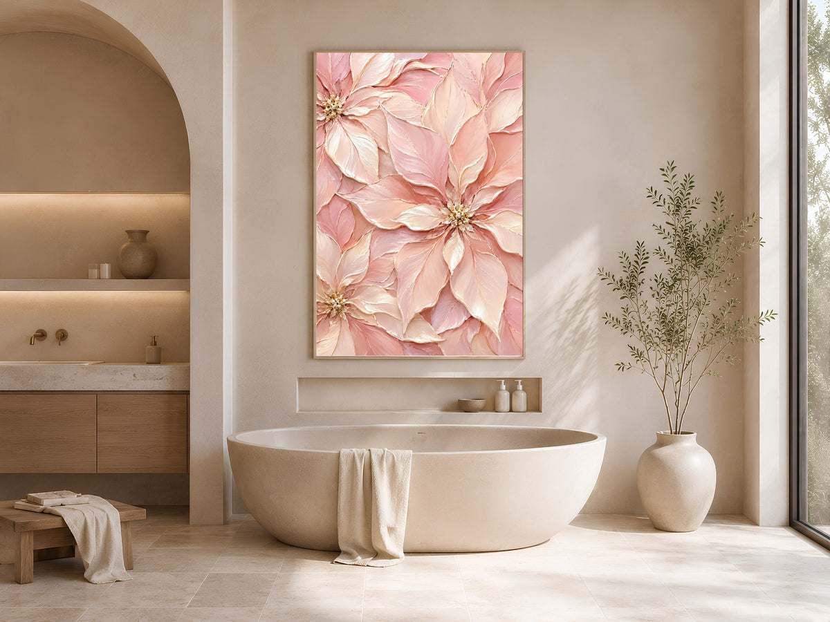 Elegant pastel decor framed above soaking tub in neutral arched bathroom