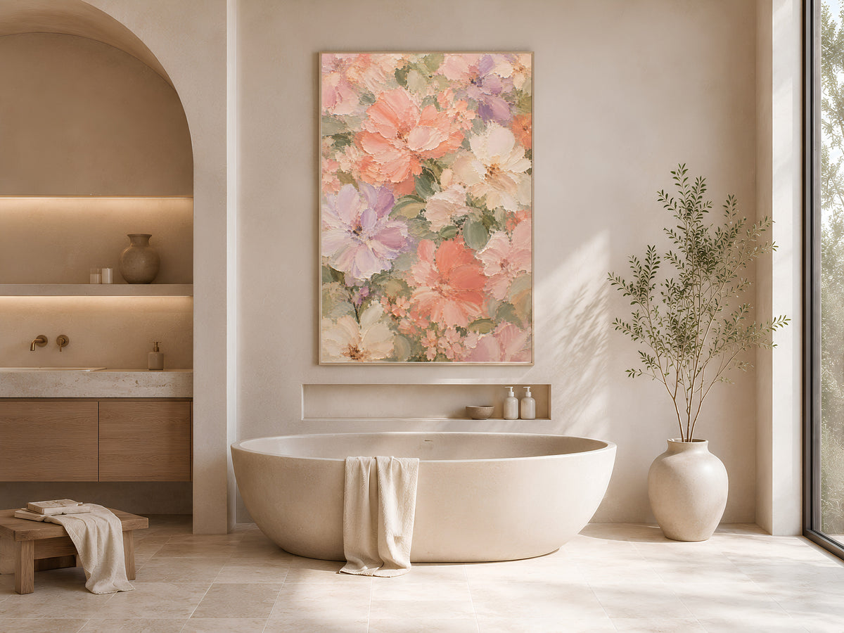 Pastel floral wall art print framed above a freestanding tub in a neutral bathroom