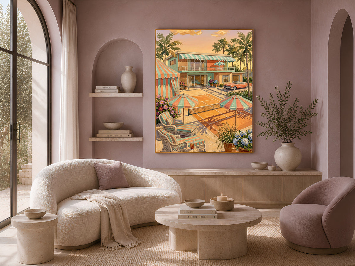 Retro Palm Springs Tennis Wall Art, Pastel Mid-Century Pool House Print - Digital Download