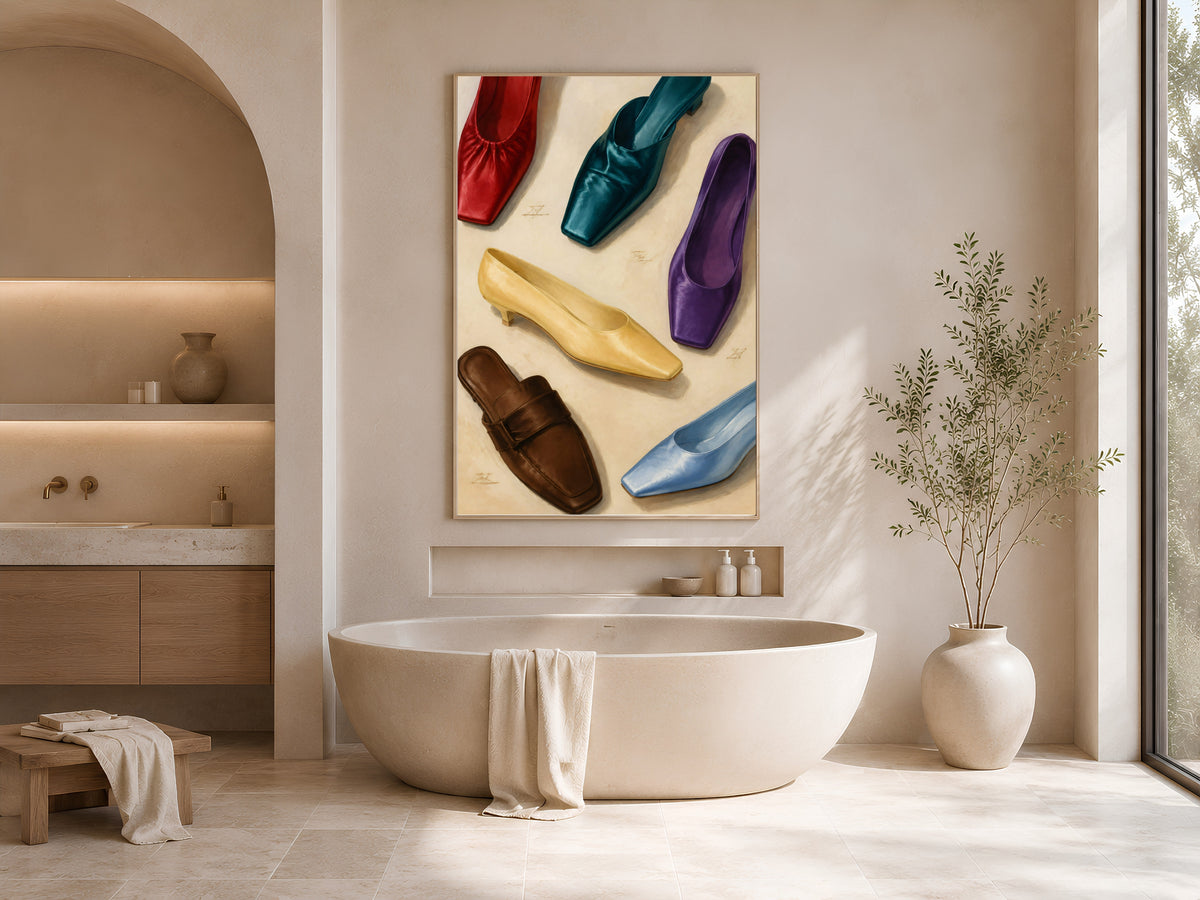 Fashion wall art framed print above bathtub in neutral bathroom
