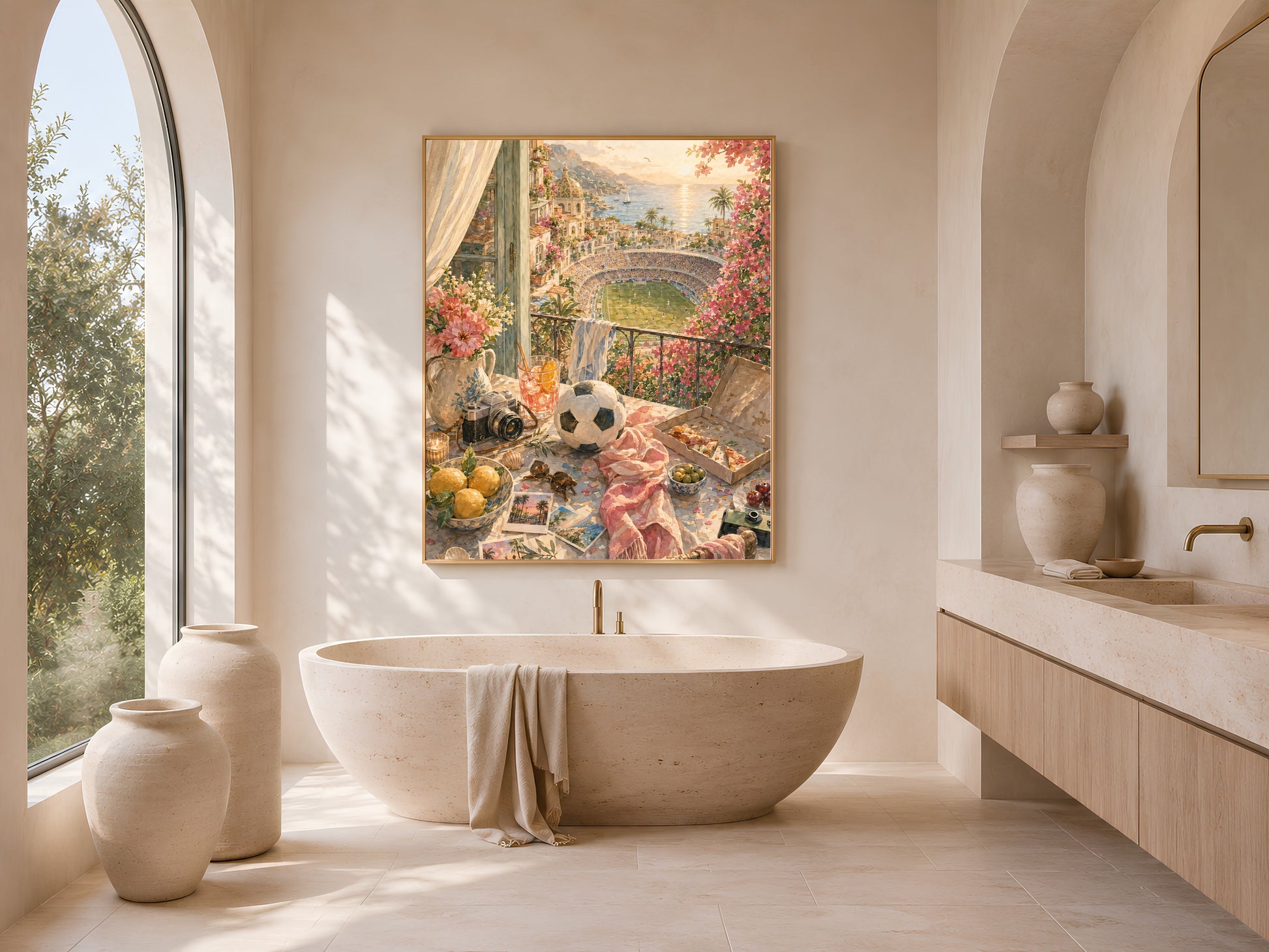 Bright bathroom with arched window and freestanding soaking tub, framed Italian aperitivo watercolor print hanging above the vanity.

