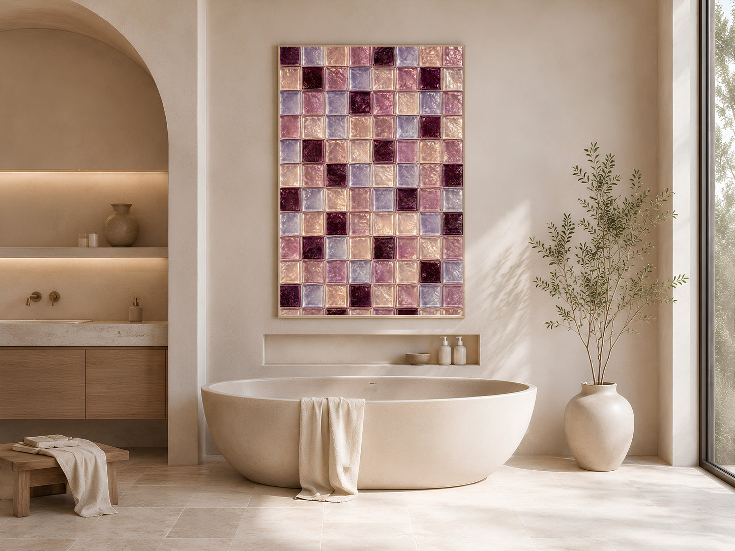 Plum and lavender tile art framed above a bathtub in a neutral bathroom