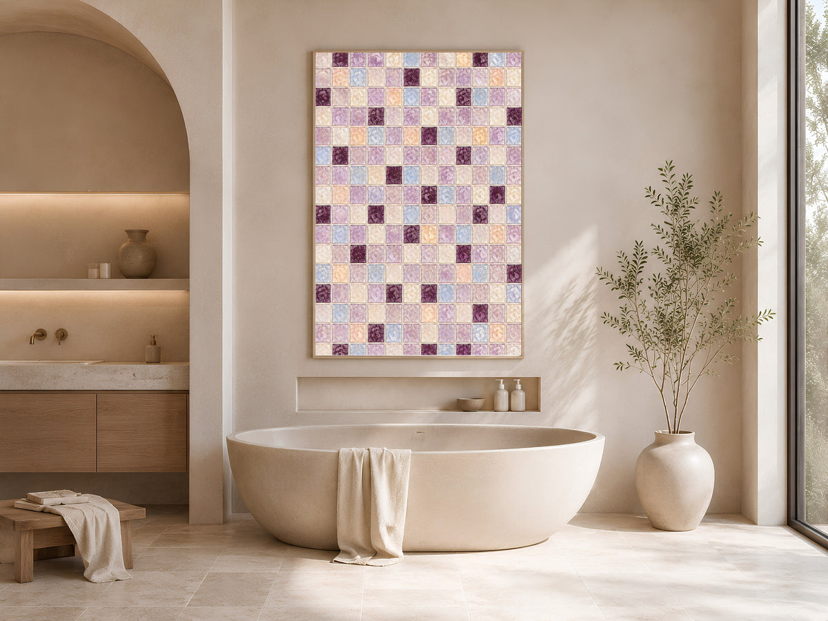 Plum lavender mosaic wall art framed above a freestanding bathtub in a neutral spa-style bathroom