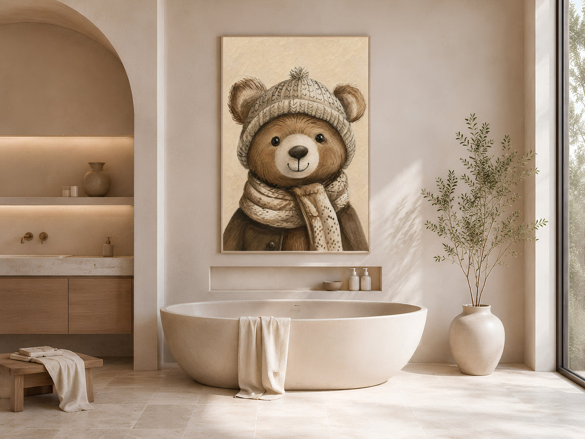 Winter teddy bear wall art with knit hat in a modern soaking tub bathroom