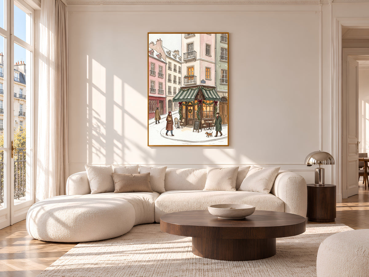 Snowy Paris Cafe Print, Christmas Bistro Watercolor, Winter Street Scene, Holiday Digital Download