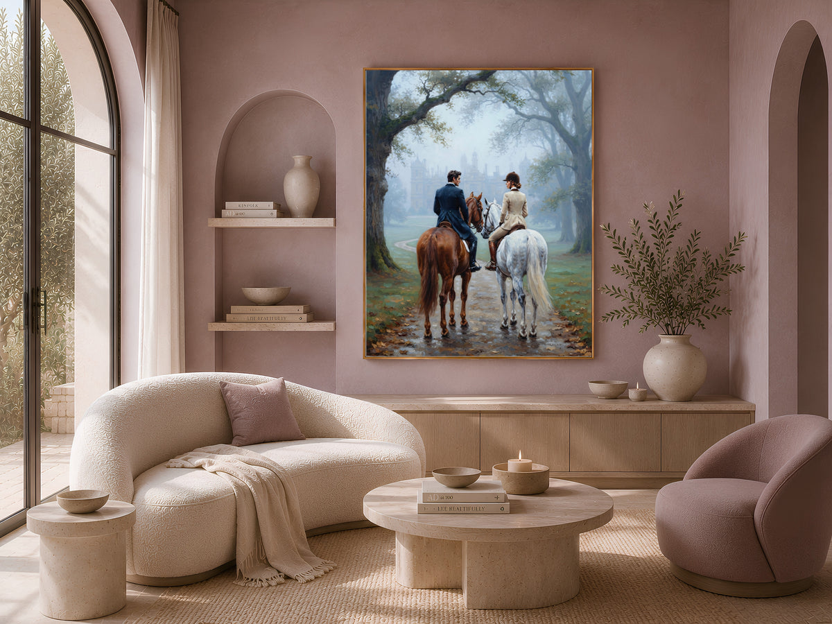 Equestrian Couple Wall Art, Horseback Riding Oil Painting Print - Digital Download