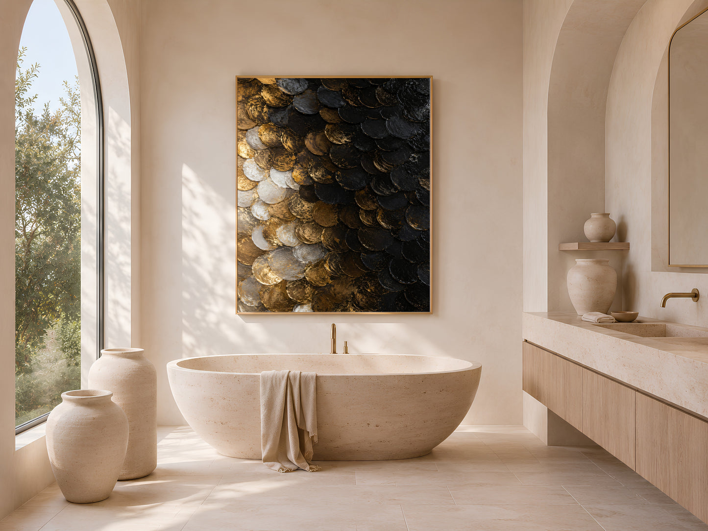 Black gold capiz shell wall art beside freestanding tub in arched bathroom
