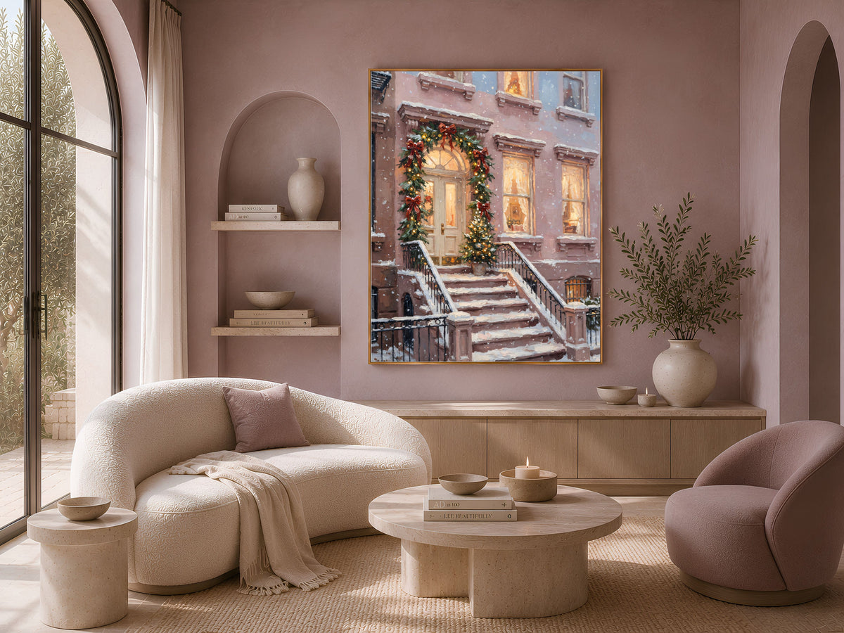 Brownstone Christmas Wall Art, NYC Stoop Print - Digital Download