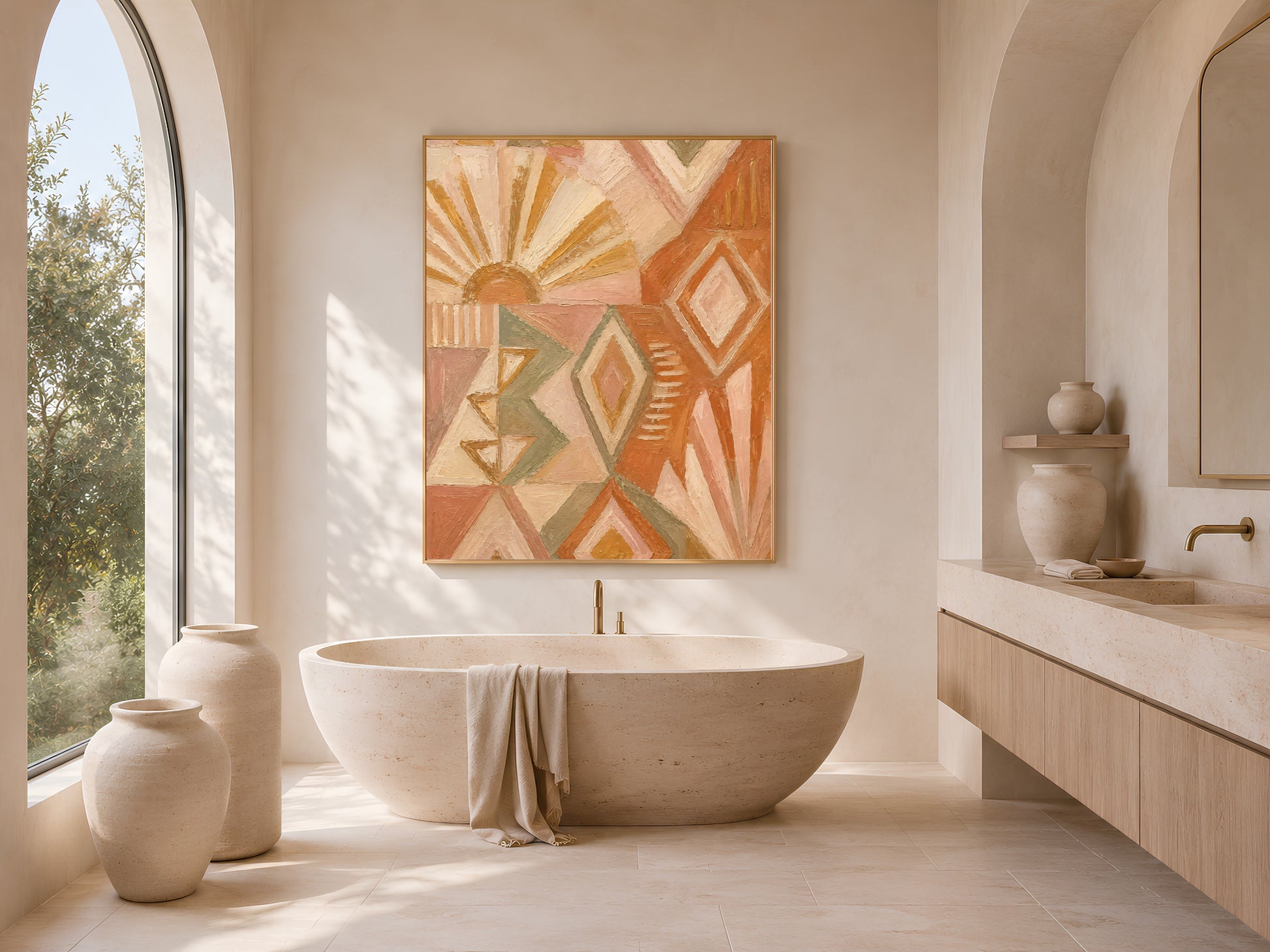 Terracotta and sage geometric wall art framed above a freestanding bathtub in a neutral boho bathroom
