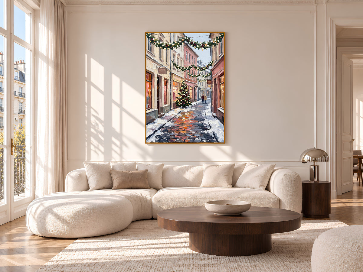 Christmas Street Painting Print, Snowy European Village with Garlands and Christmas Tree, Cozy Holiday Wall Art, Printable Digital Download