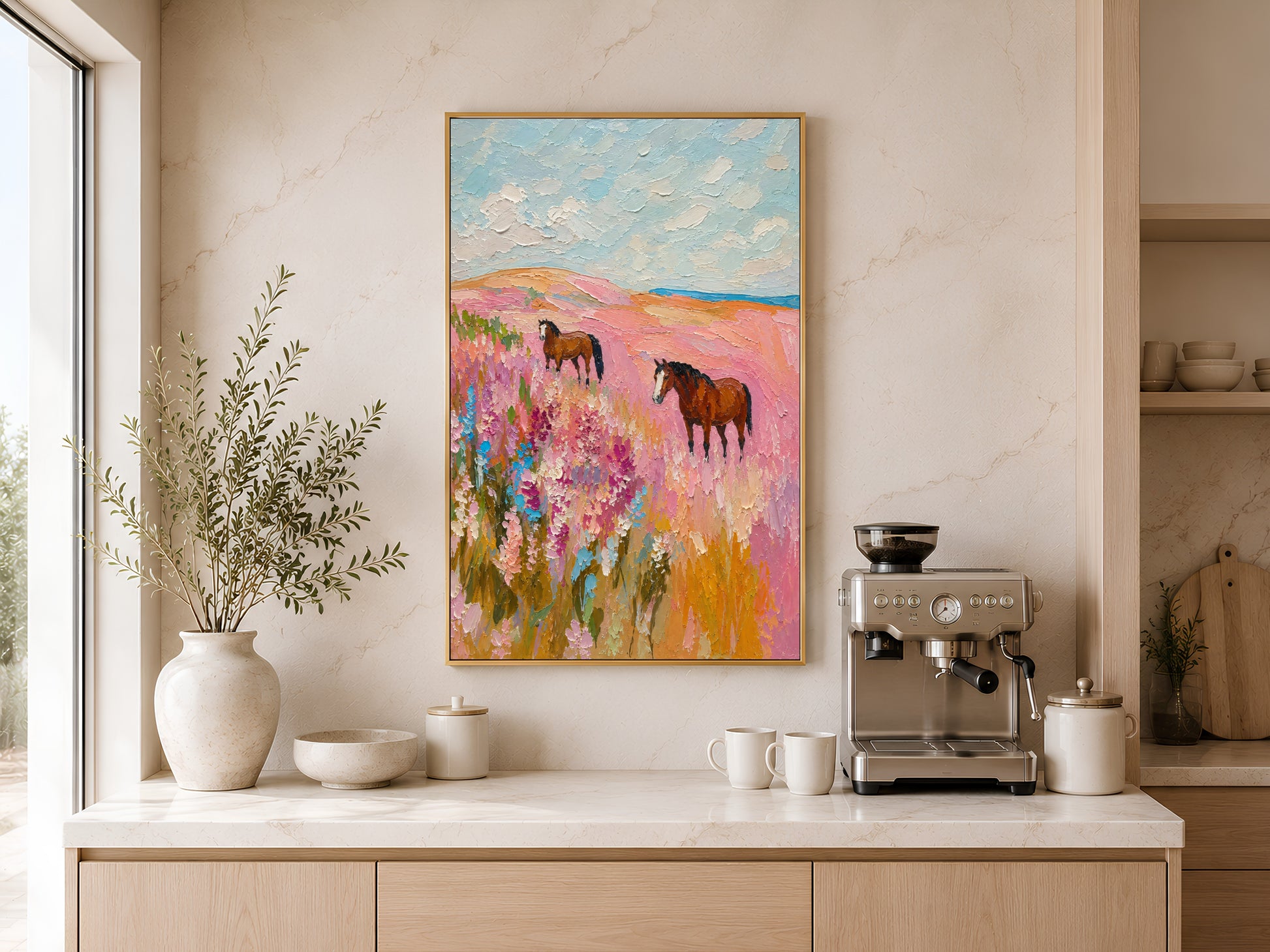 Gold-framed horse in pink meadow wall art above a kitchen counter with a coffee station, warm cabinetry, and a large round ceramic vase with greenery
