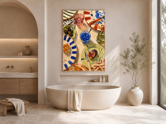 Italian kitchen wall art framed print above bathtub in neutral bathroom