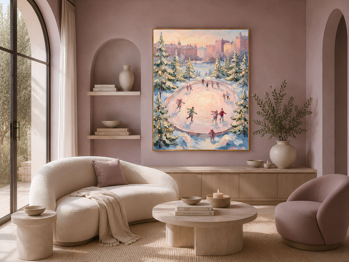 Ice Skating Rink Wall Art, Pink Sky Winter Print - Digital Download