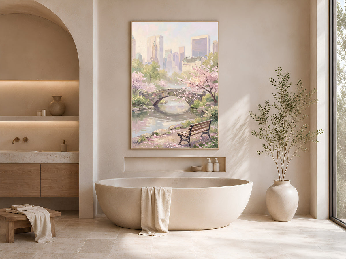 Central Park Cherry Blossom Print, Gapstow Bridge NYC Spring Wall Art - Digital Download