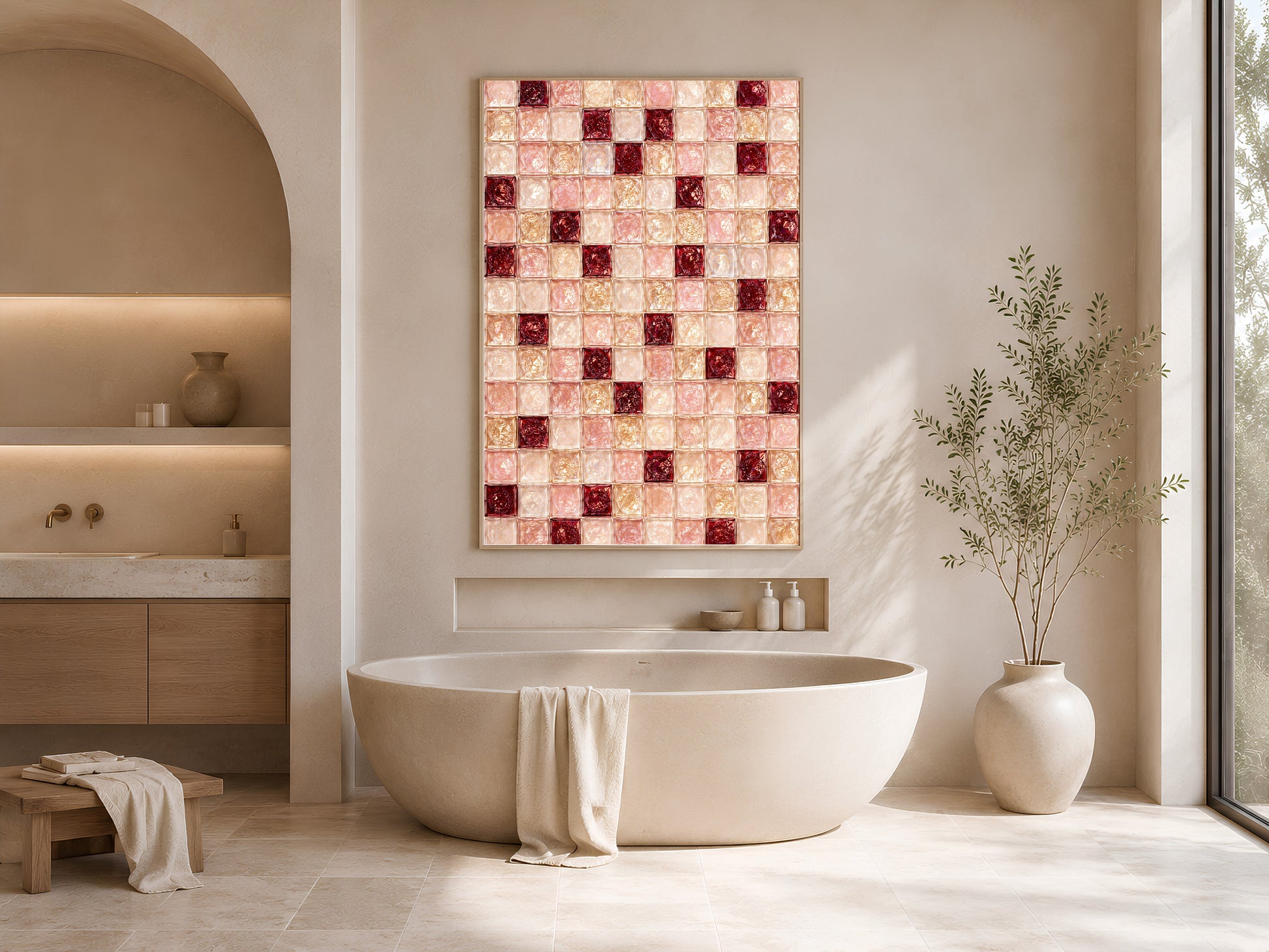 Ruby red and blush tile art framed above a bathtub in a neutral bathroom