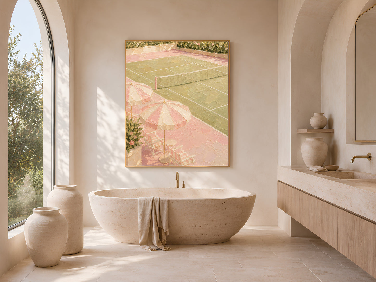 Pink tennis court wall art framed above arched window in bathroom, preppy country club decor
