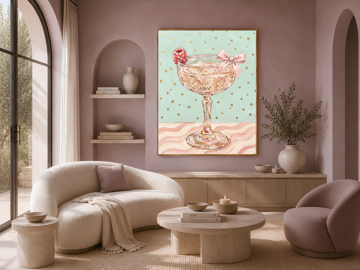 Champagne Coupe Wall Art, Pink Bow Coquette Oil Painting Print - Digital Download