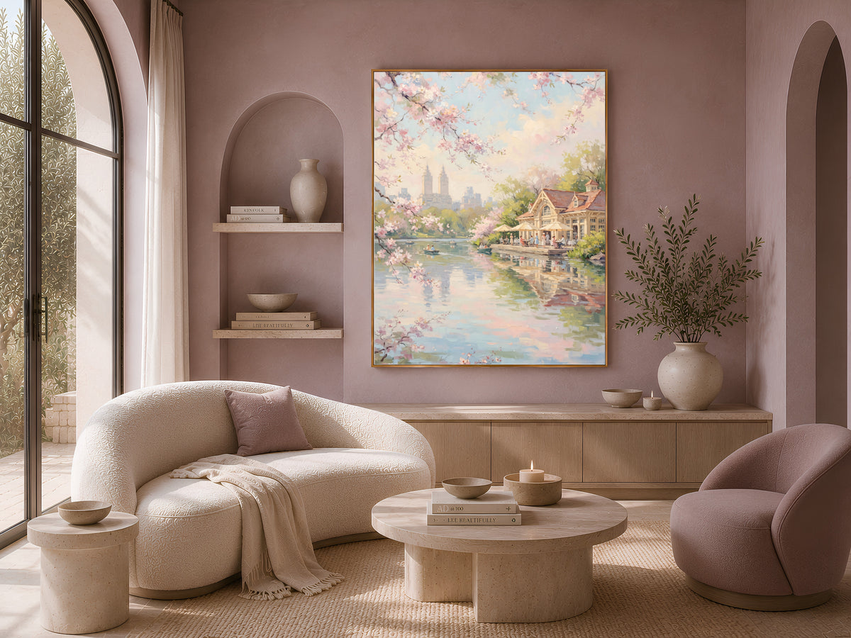Central Park Cherry Blossom Wall Art, Boathouse Oil Painting Print - Digital Download