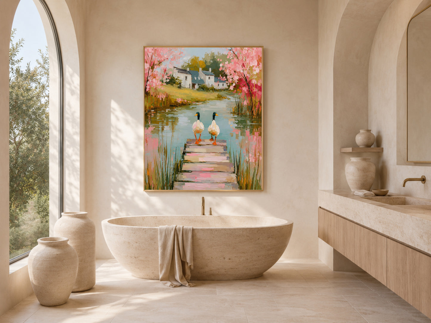 Mallard duck wall art printed and framed in a cottagecore-inspired dressing room with arched shelves