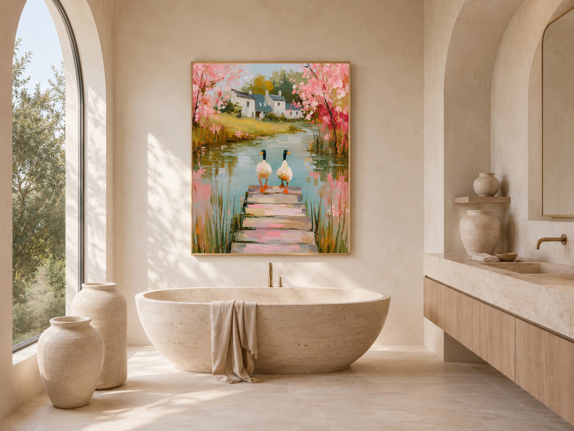 Mallard duck wall art printed and framed in a cottagecore-inspired dressing room with arched shelves