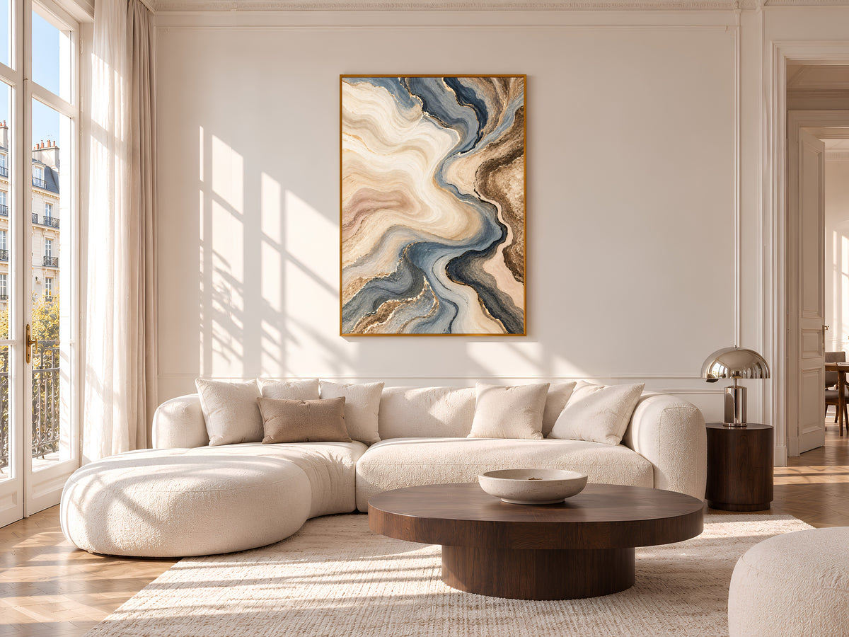 Blue Gray and Beige Abstract Wall Art, Slate Blue and Brown Marble Swirl Print with Gold Veins, Printable Neutral Decor, Digital Download