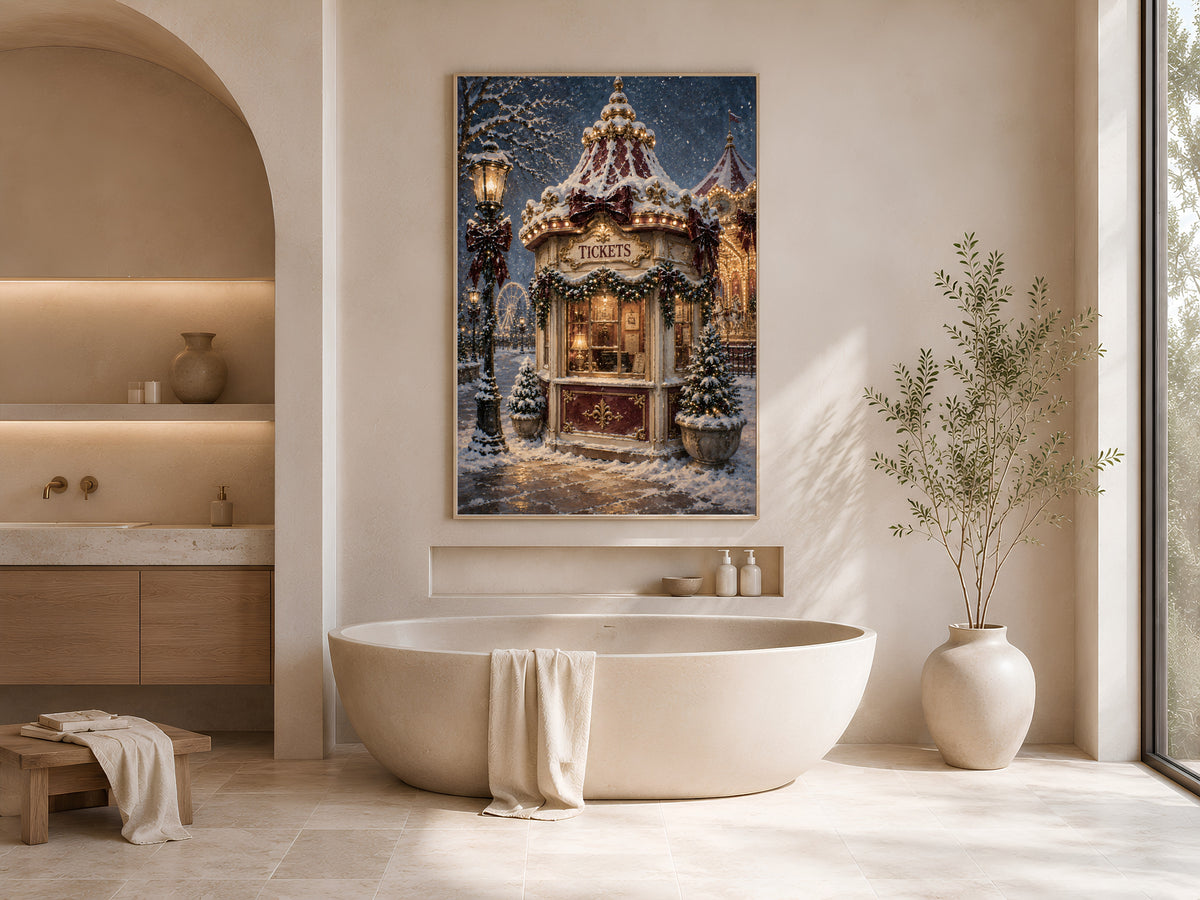 Winter fairground painting framed above a bathroom vanity beneath an arched window