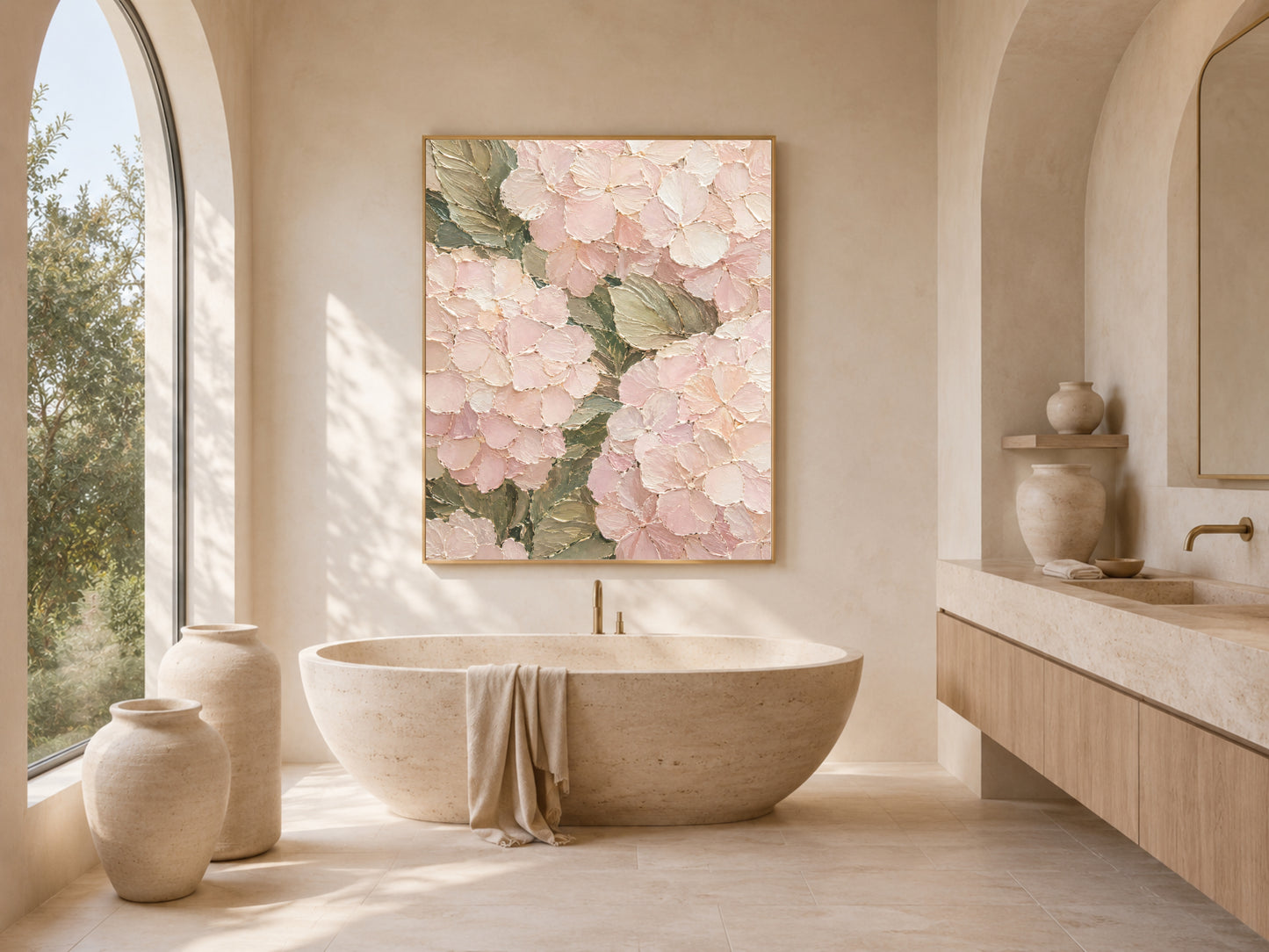 Pink hydrangea impasto print above bathroom tub, coastal spa bathroom decor mockup