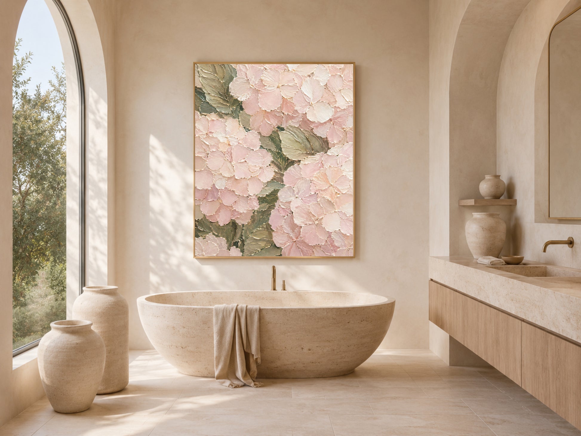 Pink hydrangea impasto print above bathroom tub, coastal spa bathroom decor mockup